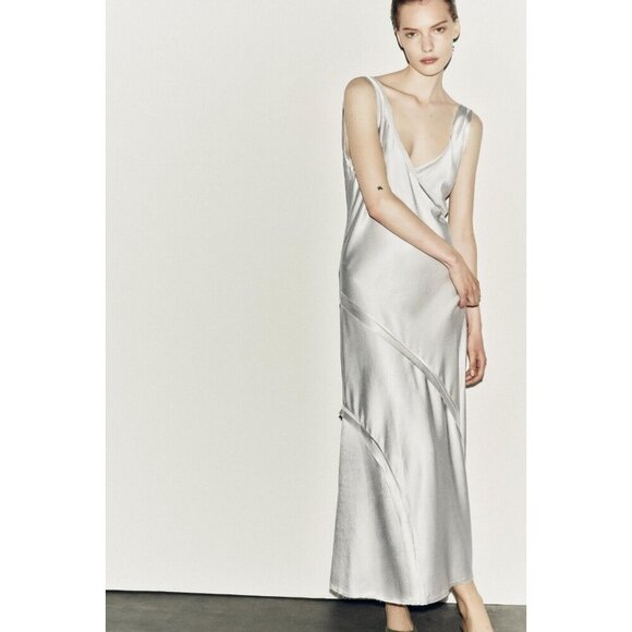 Zara Dresses & Skirts - Zara Metallic Silver Midi Slip Dress M